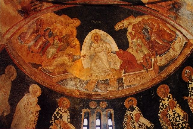 fresco of God taking Adam and Eve out of their graves