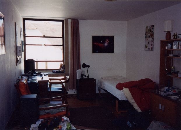 Messy student room in functional 1960s building