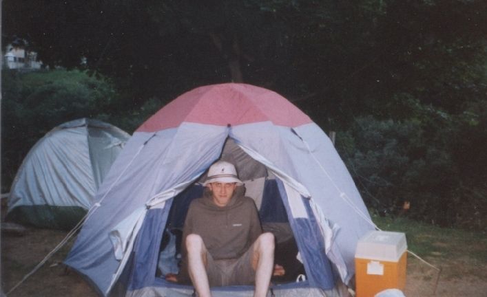 Me with my rather thin legs, sitting in a tent